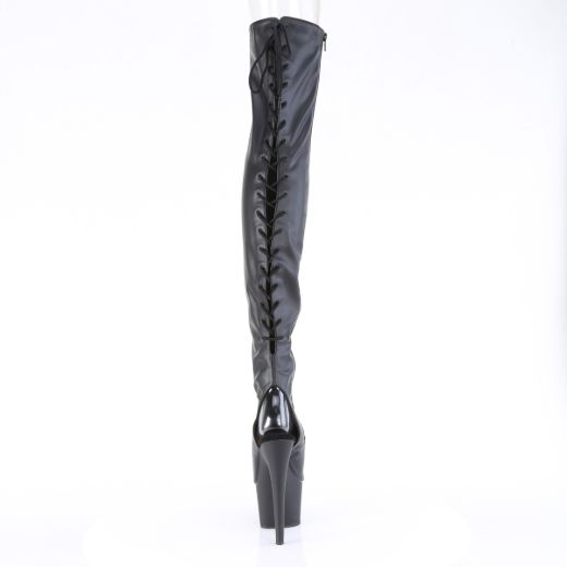 Product image of Pleaser ADORE-3017 Blk Str. Faux Leather 7 Inch Heel 2 3/4 Inch PF Open Heel/Toe Thigh High Boot Side Zip
