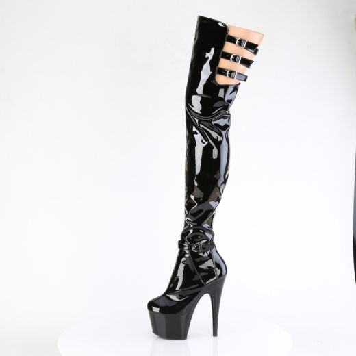Product image of Pleaser ADORE-3055 Blk Str. Pat/Blk 7 Inch Heel 2 3/4 Inch PF Stretch Buckle Strap Thigh Boot Side Zip