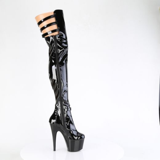 Product image of Pleaser ADORE-3055 Blk Str. Pat/Blk 7 Inch Heel 2 3/4 Inch PF Stretch Buckle Strap Thigh Boot Side Zip