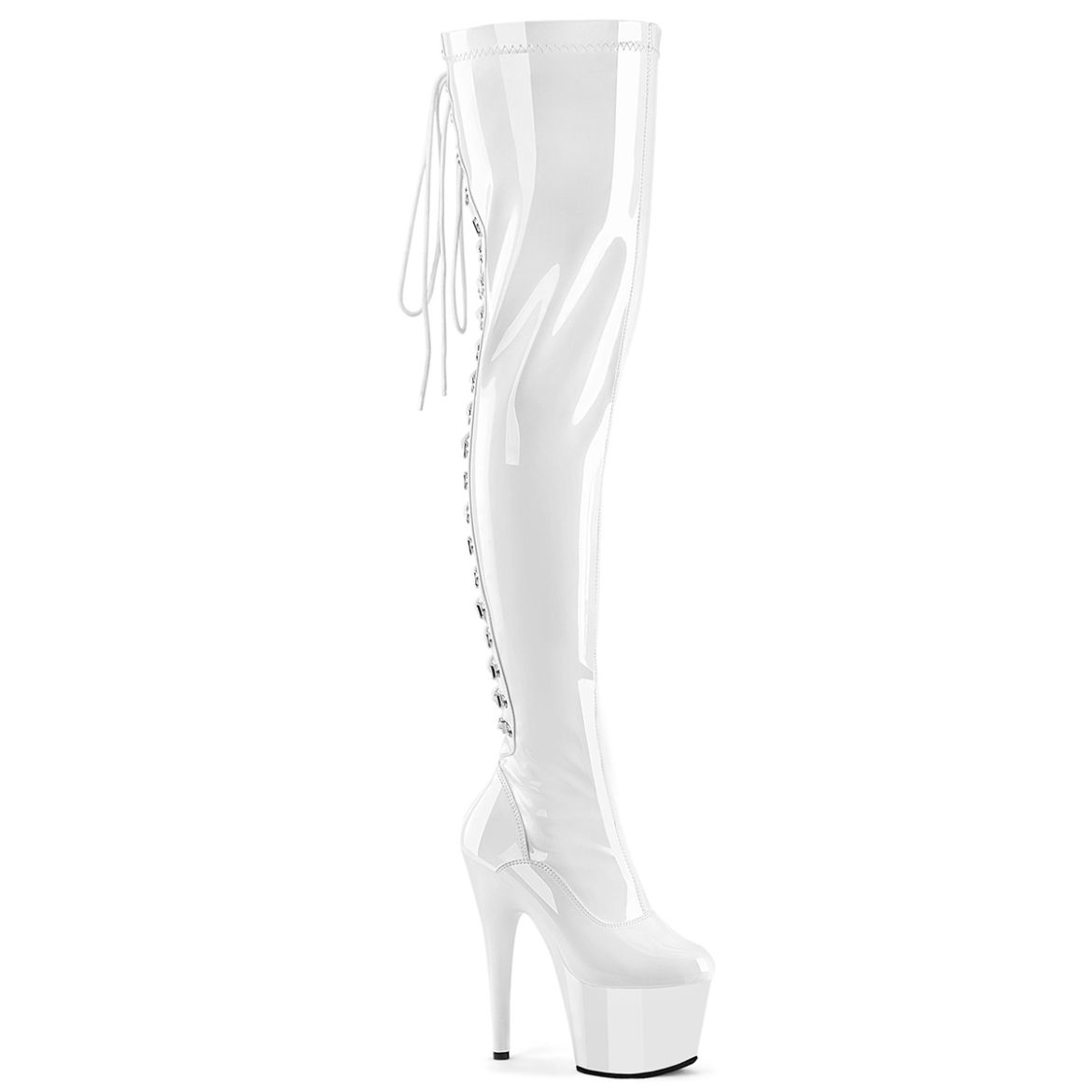 Product image of Pleaser ADORE-3063 Wht Str Pat/Wht 7 Inch Heel 2 3/4 Inch PF Lace-Up Back Stretch Thigh Boot Side Zip