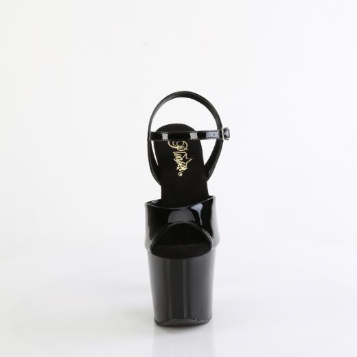 Product image of Pleaser BLISS-709 Blk Pat/Blk-Slv Chrome 7 Inch Beaded Heel 3 1/4 Inch PF Ankle Strap Sandal