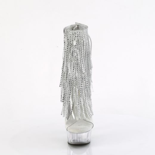 Product image of Pleaser DELIGHT-1017RSF Clr-Slv/Clr 6 Inch Heel 1 3/4 Inch PF Open Toe/Heel Lace-Up Fringe Ankle Boot