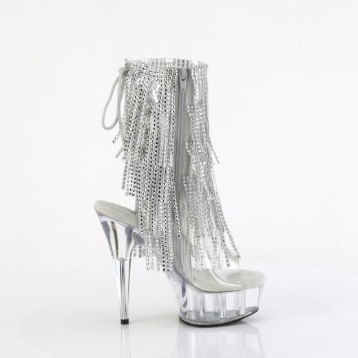Product image of Pleaser DELIGHT-1017RSF Clr-Slv/Clr 6 Inch Heel 1 3/4 Inch PF Open Toe/Heel Lace-Up Fringe Ankle Boot