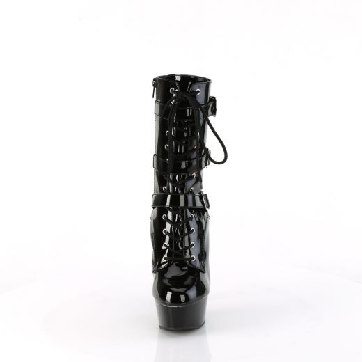 Product image of Pleaser DELIGHT-1043 Blk Pat/Blk 6 Inch Heel 1 3/4 Inch PF Lace-Up Multi Buckle Ankle Boot Side Zip