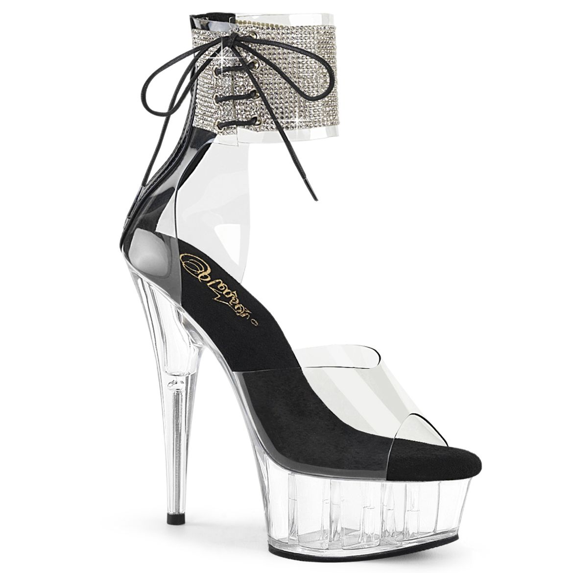 Product image of Pleaser DELIGHT-624RS Clr-Blk/Clr 6 Inch Heel 1 3/4 Inch PF RS Ankle Cuff Sandal Back Zip
