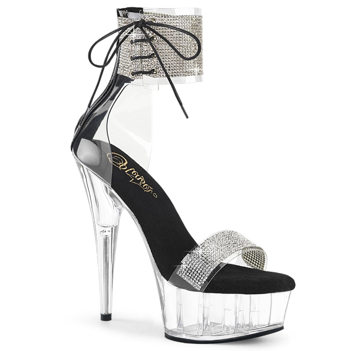 Product image of Pleaser DELIGHT-627RS Clr-Blk/Clr 6 Inch Heel 1 3/4 Inch PF Ankle Cuff Sandal w/RS Back Zip