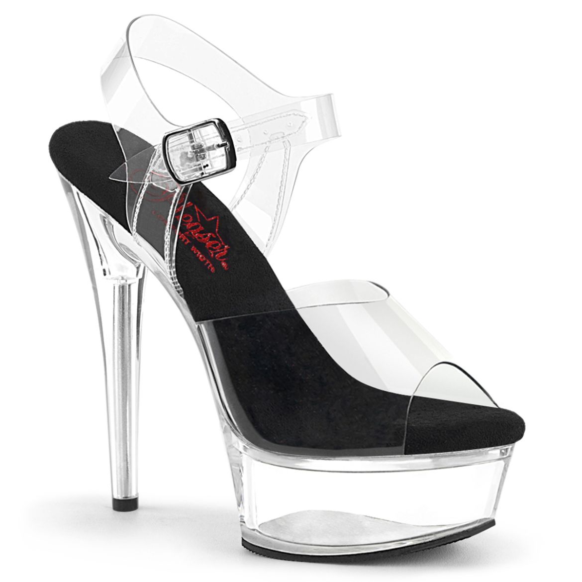 Product image of Pleaser EXCITE-608 Clr-Blk/Clr 6 Inch Heel 1 3/4 Inch PF Comfort Width Ankle Strap Sandal