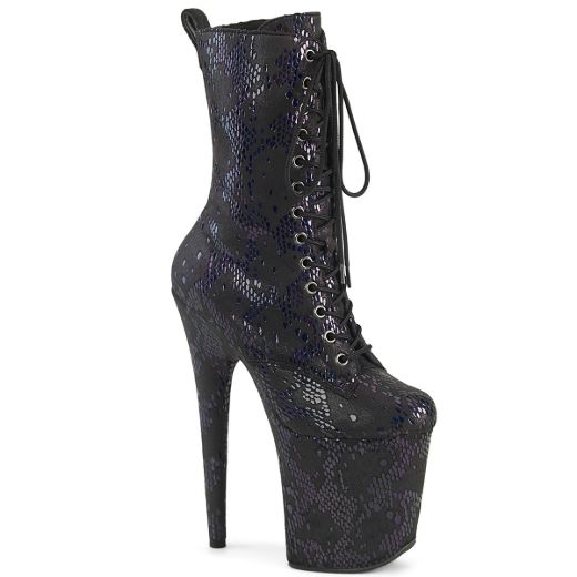 Product image of Pleaser FLAMINGO-1040SPF Blk Oil Slick Metallic Snake Print Fabric/M 8 Inch Heel 4 Inch PF Lace-Up Front Ankle Boot Side Zip