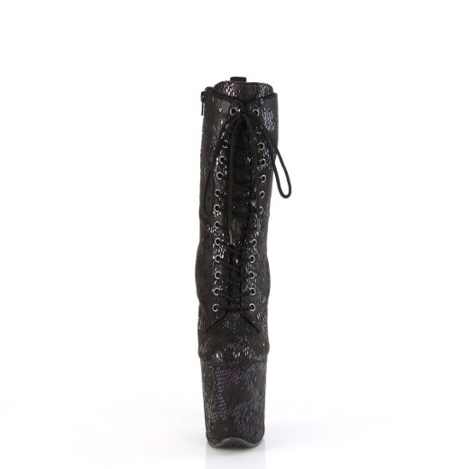 Product image of Pleaser FLAMINGO-1040SPF Blk Oil Slick Metallic Snake Print Fabric/M 8 Inch Heel 4 Inch PF Lace-Up Front Ankle Boot Side Zip