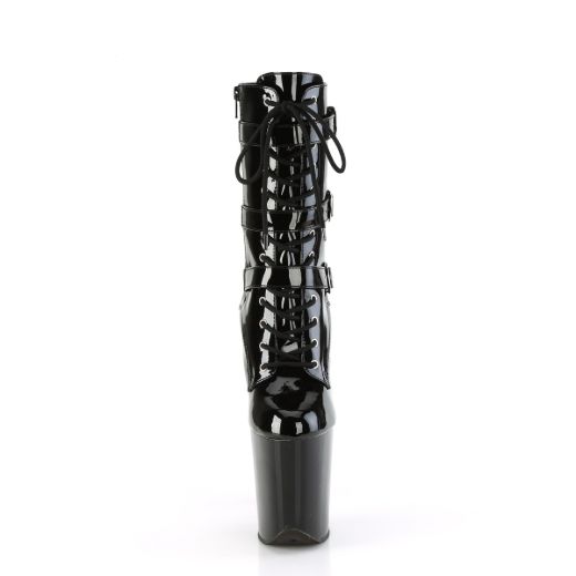 Product image of Pleaser FLAMINGO-1043 Blk Pat/Blk 8 Inch Heel 4 Inch PF Lace-Up Multi Buckled Ankle Boot Side Zip