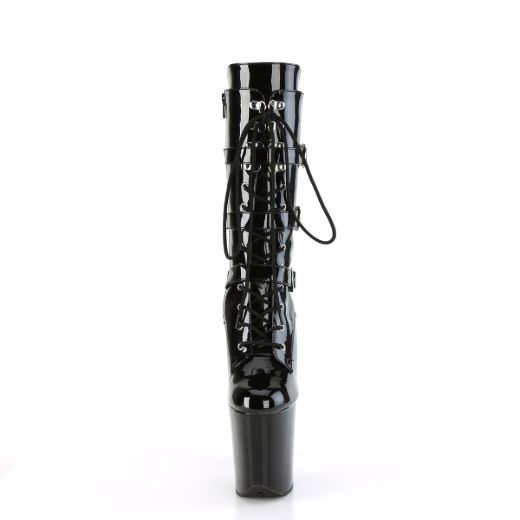 Product image of Pleaser FLAMINGO-1053 Blk Pat/Blk 8 Inch Heel 4 Inch PF Lace-Up Buckled Mid-Calf Boot Side Zip