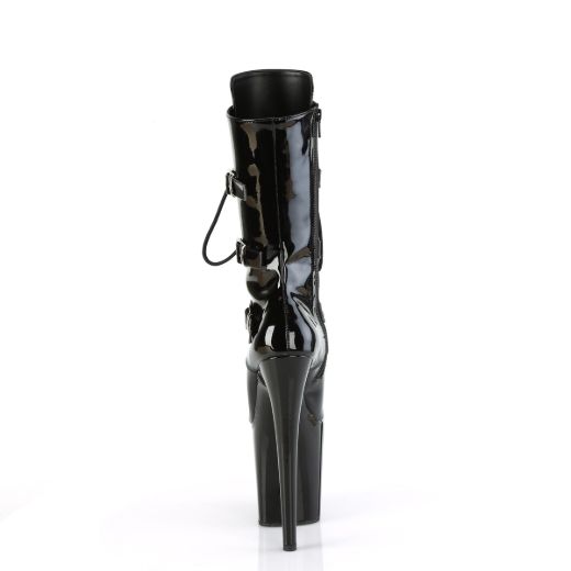 Product image of Pleaser FLAMINGO-1053 Blk Pat/Blk 8 Inch Heel 4 Inch PF Lace-Up Buckled Mid-Calf Boot Side Zip
