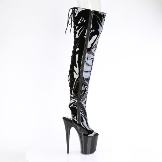 Product image of Pleaser FLAMINGO-3017 Blk Str Pat/Blk 8 Inch Heel 4 Inch PF Open Toe/Heel Stretch Thigh Boot Side Zip