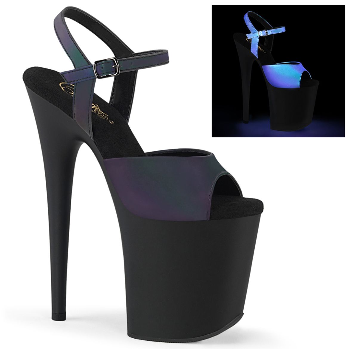 Product image of Pleaser FLAMINGO-809REFL Green Multi Reflective/Blk Matte 8 Inch Heel 4 Inch PF UV Upper Ankle Strap Sandal