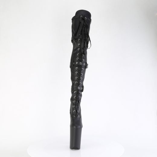 Product image of Pleaser INFINITY-3028 Blk Str Faux Le/Blk Matte 9 Inch Heel 5 1/4 Inch PF Buckled Lace Up Thigh Boot Side Zip