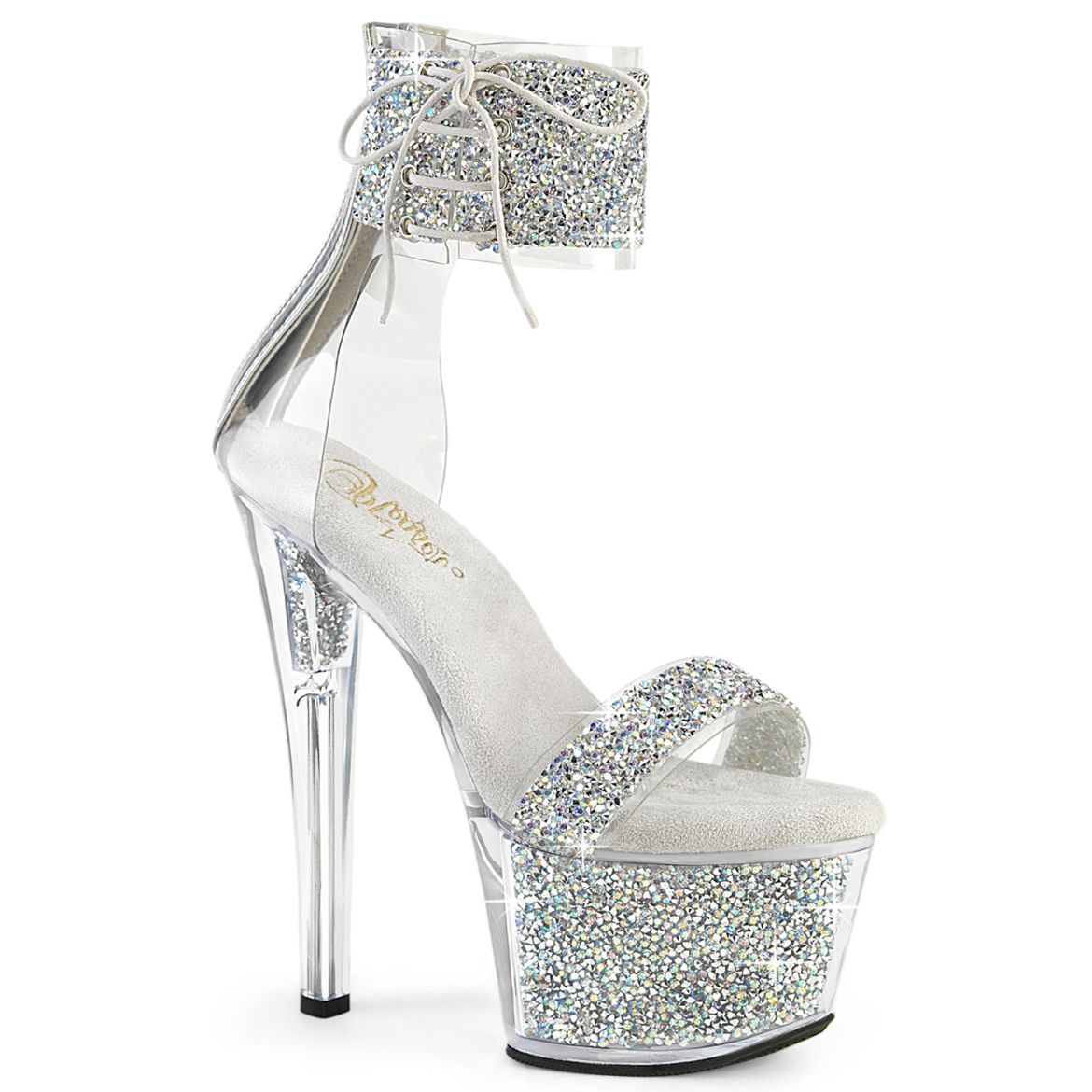 Product image of Pleaser SKY-327RSI Slv Multi RS-Slv/Slv RS 7 Inch Heel 2 3/4 Inch PF Ankle Cuff Sandal w/RS Back Zip
