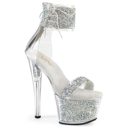 Product image of Pleaser SKY-327RSI Slv Multi RS-Slv/Slv RS 7 Inch Heel 2 3/4 Inch PF Ankle Cuff Sandal w/RS Back Zip