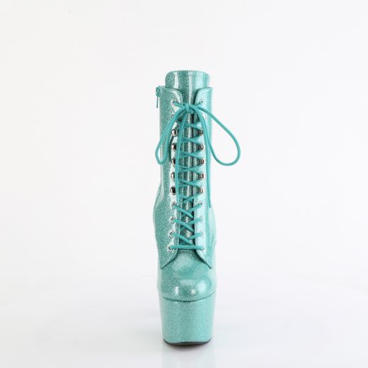 Product image of Pleaser ADORE-1020GP Aqua Glitter Pat/M 7 Inch Heel 2 3/4 Inch PF Lace-Front Ankle Boot Side Zip