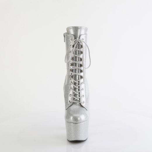 Product image of Pleaser ADORE-1020GP Slv Glitter Pat/M 7 Inch Heel 2 3/4 Inch PF Lace-Front Ankle Boot Side Zip