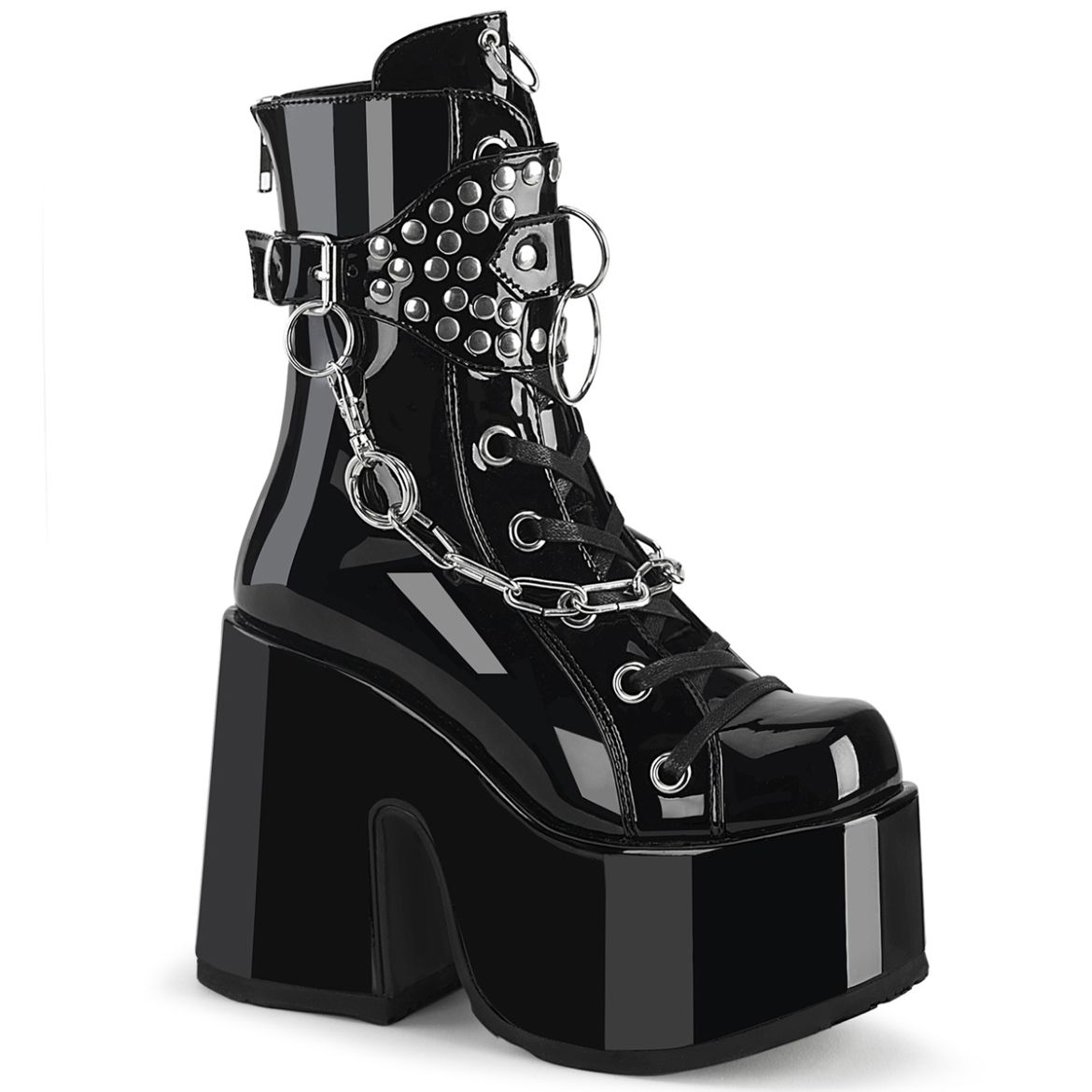 Product image of Demonia CAMEL-65 Blk Patent 5 Inch Chunky Heel 3 Inch P/F Lace-Up Mid-Calf Boot Back Zip
