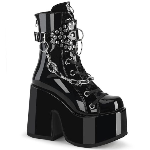 Product image of Demonia CAMEL-65 Blk Patent 5 Inch Chunky Heel 3 Inch P/F Lace-Up Mid-Calf Boot Back Zip