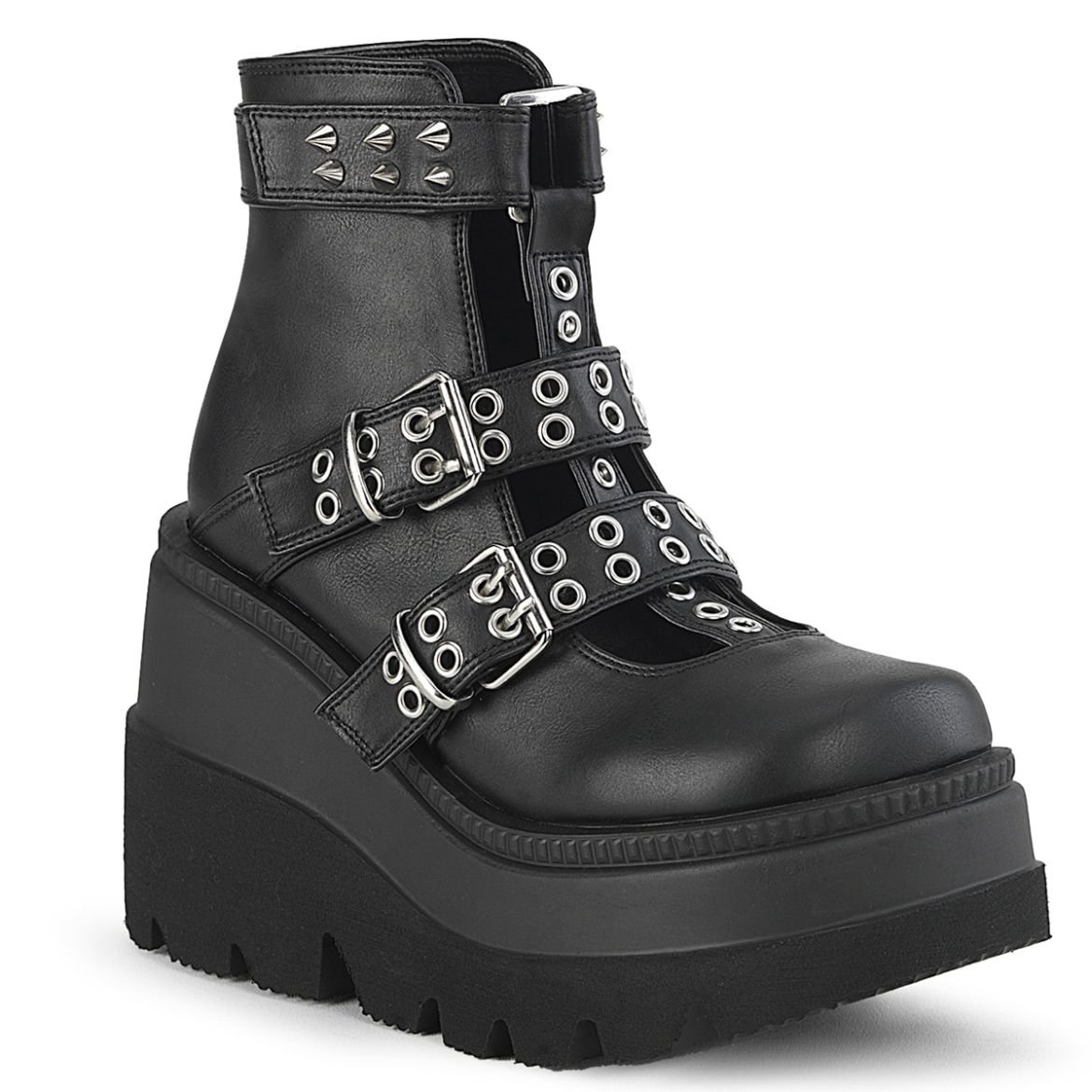 Product image of Demonia SHAKER-62 Blk Vegan Leather 4 1/2 Inch Wedge Platform Cage Bootie Back Zip