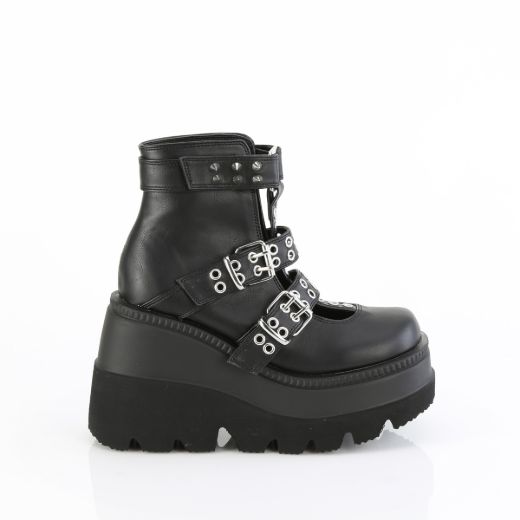 Product image of Demonia SHAKER-62 Blk Vegan Leather 4 1/2 Inch Wedge Platform Cage Bootie Back Zip