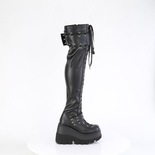 Product image of Demonia SHAKER-325 Blk Vegan Leather 4 1/2 Inch Wedge PF Lace-Up Stretch Thigh High Boot Side Zip