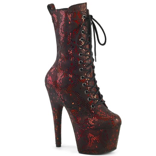 Product image of Pleaser ADORE-1040SPF Red Metallic Snake Print Fabric/M 7 Inch Heel 2 3/4 Inch PF Lace-Up Front Ankle Boot Side Zip