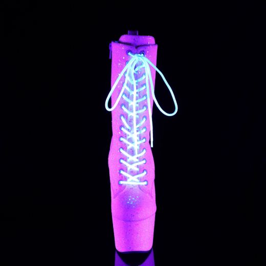 Product image of Pleaser ADORE-1040-IG Neon B. Pink Iridescent Glitter/M 7 Inch Heel 2 3/4 Inch PF Lace-Up Holo Glitter Ankle Boot Side Zip