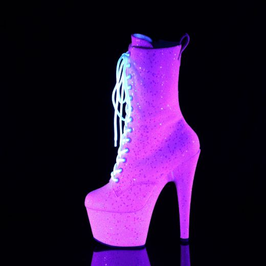 Product image of Pleaser ADORE-1040-IG Neon B. Pink Iridescent Glitter/M 7 Inch Heel 2 3/4 Inch PF Lace-Up Holo Glitter Ankle Boot Side Zip