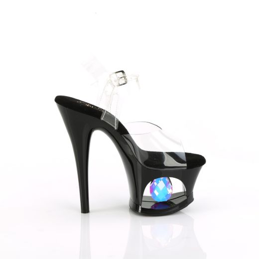 Product image of Pleaser MOON-708DIA Clr/Blk 7 Inch Heel 2 3/4 Inch Cut-Out PF Ankle Strap Sandal w/Prisms