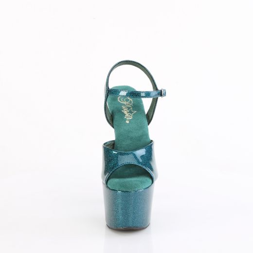 Product image of Pleaser ADORE-709GP Teal Glitter Pat/M 7 Inch Heel 2 3/4 Inch PF Ankle Strap Sandal