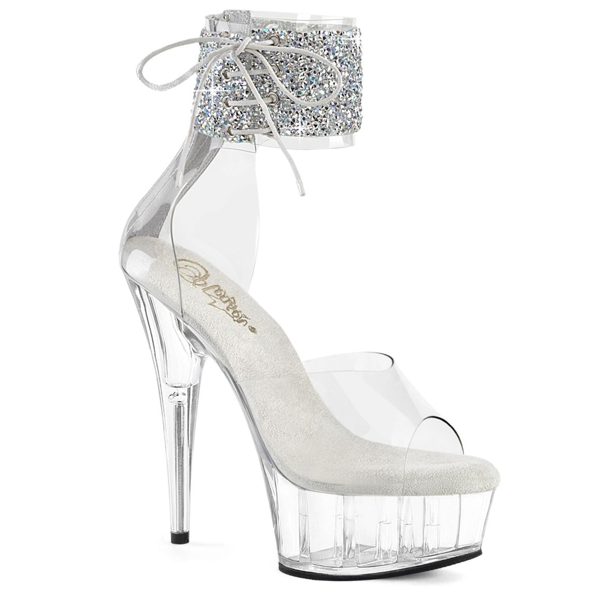Product image of Pleaser DELIGHT-624RS-02 Clr-Slv AB RS/Clr 6 Inch Heel 1 3/4 Inch PF RS Ankle Cuff Sandal Back Zip