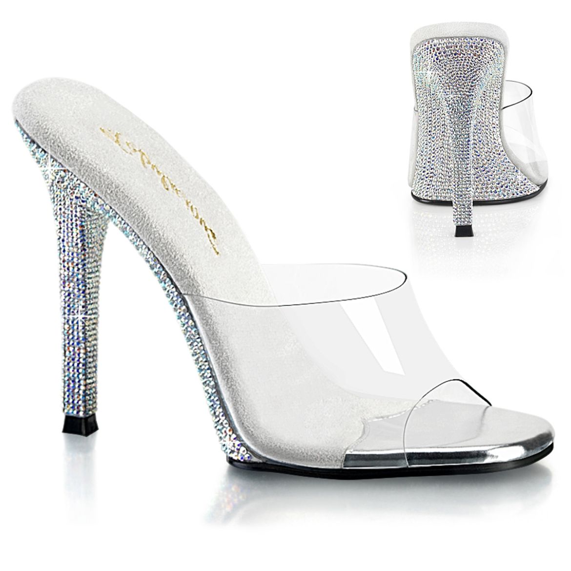 Product image of Fabulicious GALA-01DM Clr/Slv AB RS 4 1/2 Inch Heel Slide with RS on Heel and Waist
