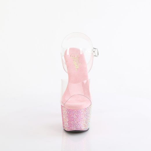 Product image of Pleaser BEJEWELED-708RRS Clr/B. Pink RS 7 Inch Heel 2 3/4 Inch PF Ankle Strap Sandal w/ Resin RS