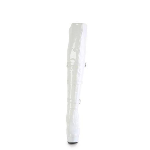 Product image of Pleaser DELIGHT-3018 Wht Str. Pat/Wht 6 Inch Heel 1 3/4 Inch PF Triple Buckle Strap OTK Boot Side Zip