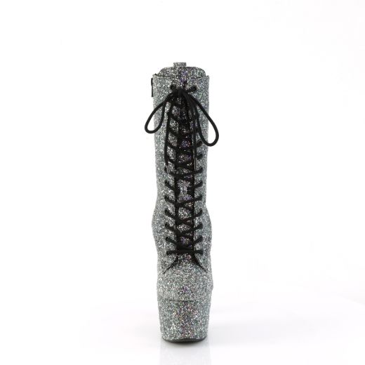 Product image of Pleaser ADORE-1040GR Blk Multi Glitters/Matching 7 Inch Heel 2 3/4 Inch PF Lace-Up Front Ankle Boot Side Zip
