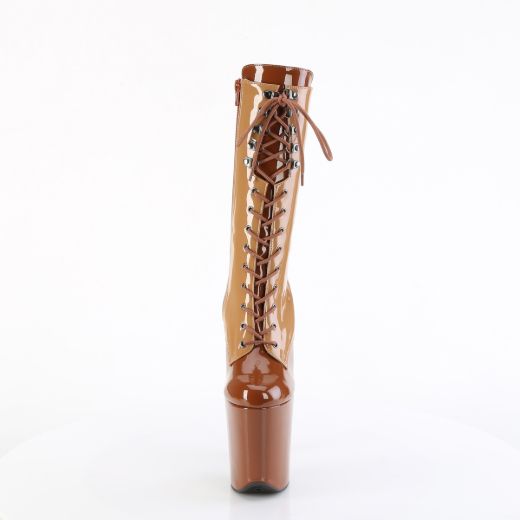Product image of Pleaser FLAMINGO-1054DC Toffee-Caramel Pat/Toffee Caramel 8 Inch Heel 4 Inch PF Two Tone Lace-Up Mid Calf Boot Side Zip