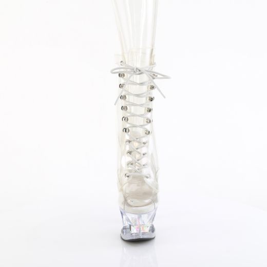 Product image of Pleaser MOON-1021C-DIA Clr/Clr 7 Inch Heel 2 3/4 Inch Cut-Out PF Lace-Up Ankle Boot Side Zip