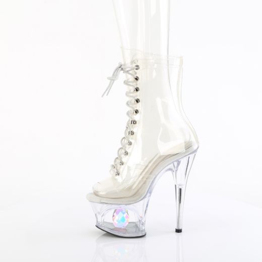 Product image of Pleaser MOON-1021C-DIA Clr/Clr 7 Inch Heel 2 3/4 Inch Cut-Out PF Lace-Up Ankle Boot Side Zip