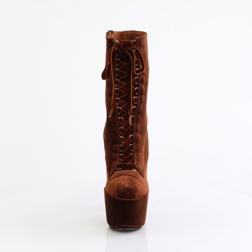 Product image of Pleaser ADORE-1045VEL Brown Velvet/M 7 Inch Heel 2 3/4 Inch PF Velvet Lace-Up Front Ankle Boot