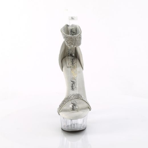 Product image of Pleaser DELIGHT-641 Slv Shimmery Fabric/Clr 6 Inch Heel 1 3/4 Inch PF Rhinestoned Close Back Sandal Back Zip