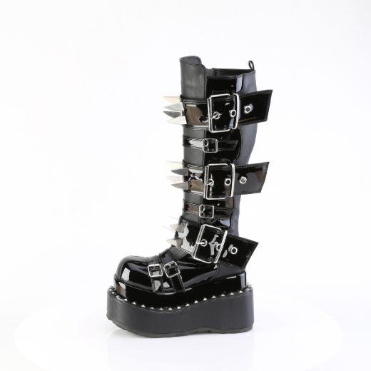 Product image of Demoniacult BEAR-215 Blk Vegan Leather-Pat 4 1/2 Inch Tiered PF Buckle Knee High Inside Zip