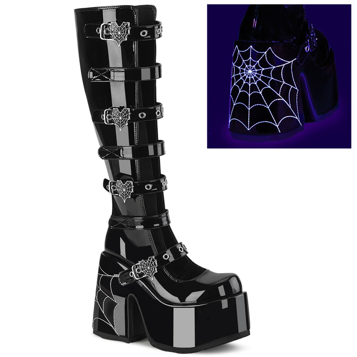 Product image of Demoniacult CAMEL-223 Blk Pat 5 Inch Chunky Heel 3 Inch P/F Open Front Knee High BT Inside Zip
