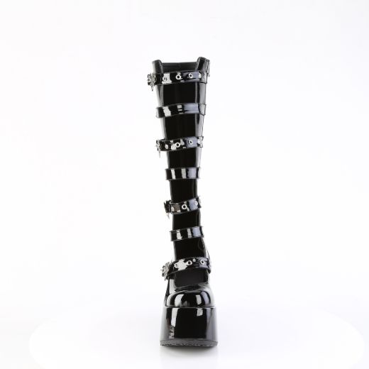 Product image of Demoniacult CAMEL-223 Blk Pat 5 Inch Chunky Heel 3 Inch P/F Open Front Knee High BT Inside Zip