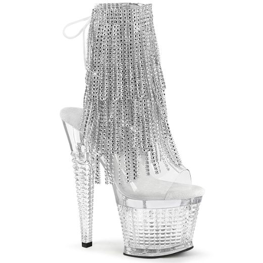 Product image of Pleaser SPECTATOR-1017RSF Clr-Slv/Clr 7 Inch Heel 3 Inch Textured PF Open Toe/Heel Lace-Up Fringe Ankle