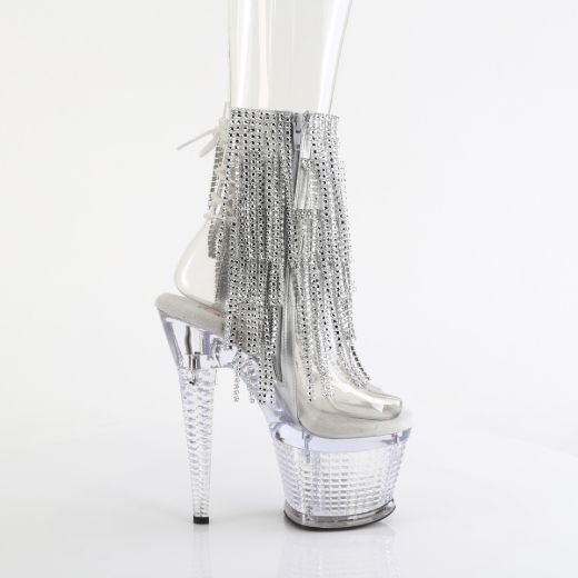 Product image of Pleaser SPECTATOR-1017RSF Clr-Slv/Clr 7 Inch Heel 3 Inch Textured PF Open Toe/Heel Lace-Up Fringe Ankle