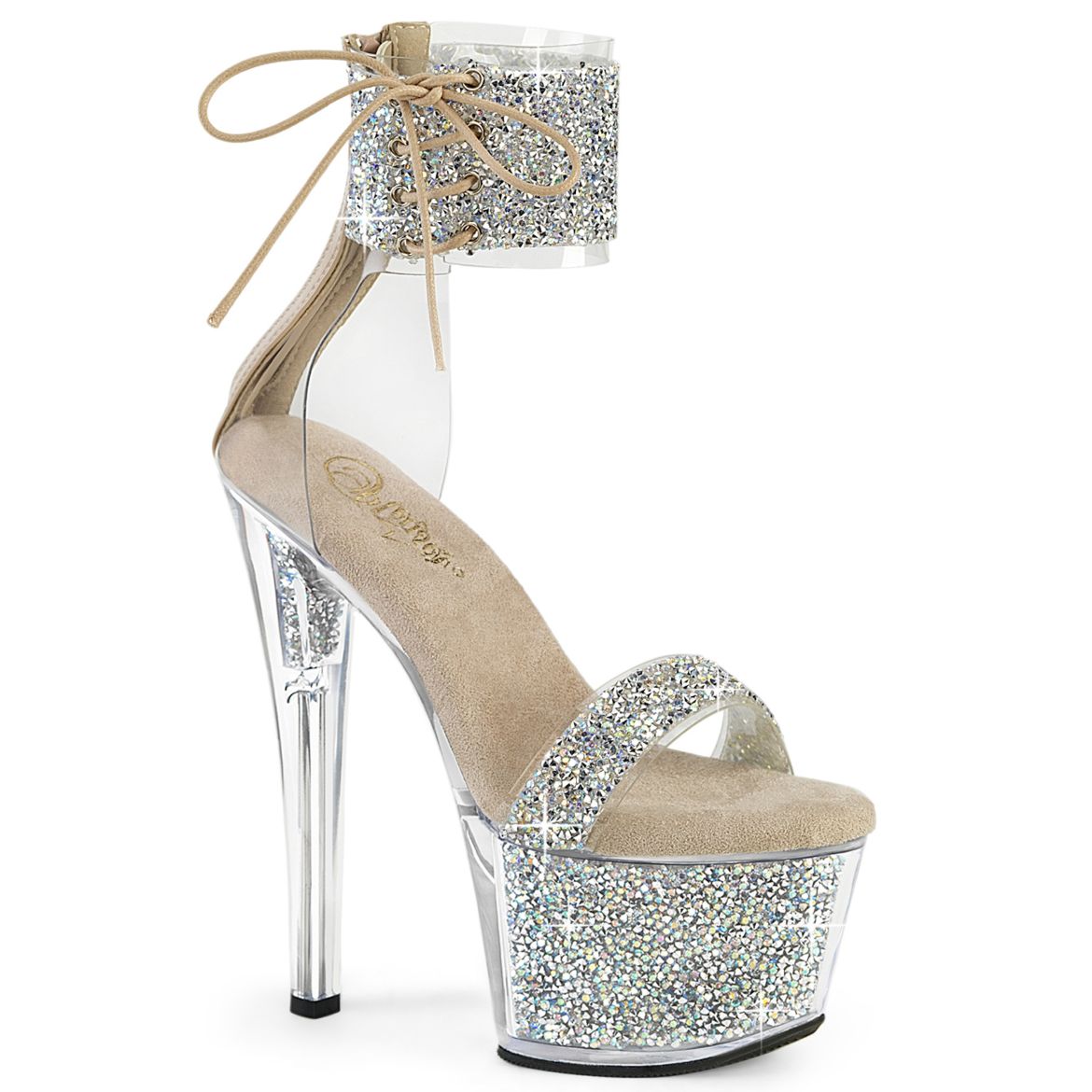 Product image of Pleaser SKY-327RSI Slv Multi RS-Nude/Slv RS 7 Inch Heel 2 3/4 Inch PF Ankle Cuff Sandal w/RS Back Zip