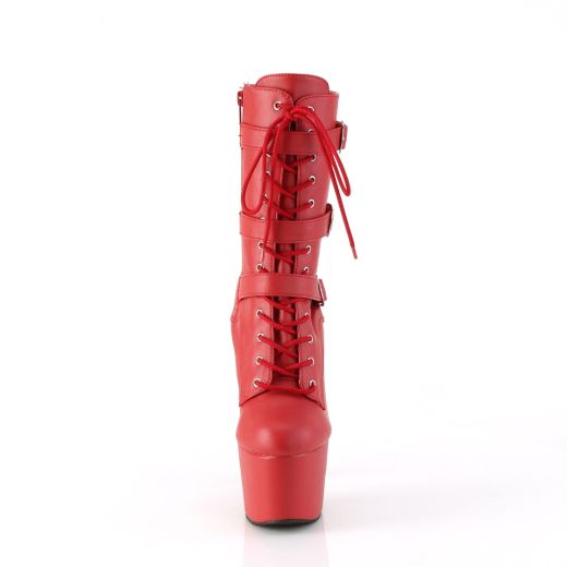 Product image of Pleaser ADORE-1043 Red Faux Leather/Matching 7 Inch Heel 2 3/4 Inch PF Lace-Up Front Ankle Boot Side Zip